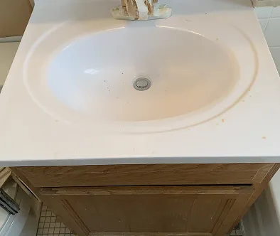 White oval sink with chrome drain on a white countertop above a wooden vanity.