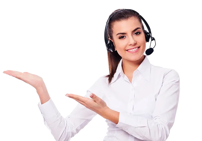 Customer service representative with headset gesturing to the side