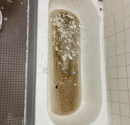Dirty bathtub with debris and grime