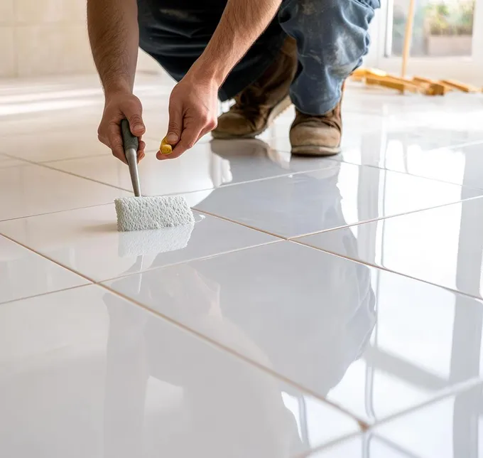 Worker applying grout to white floor tiles with a roller.