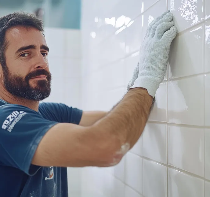 Man in gloves tiling a white wall.